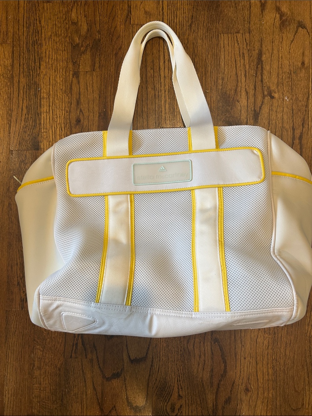 Stella McCartney Adidas White and Yellow Mesh Tote Bag + Stella McCartney tee.